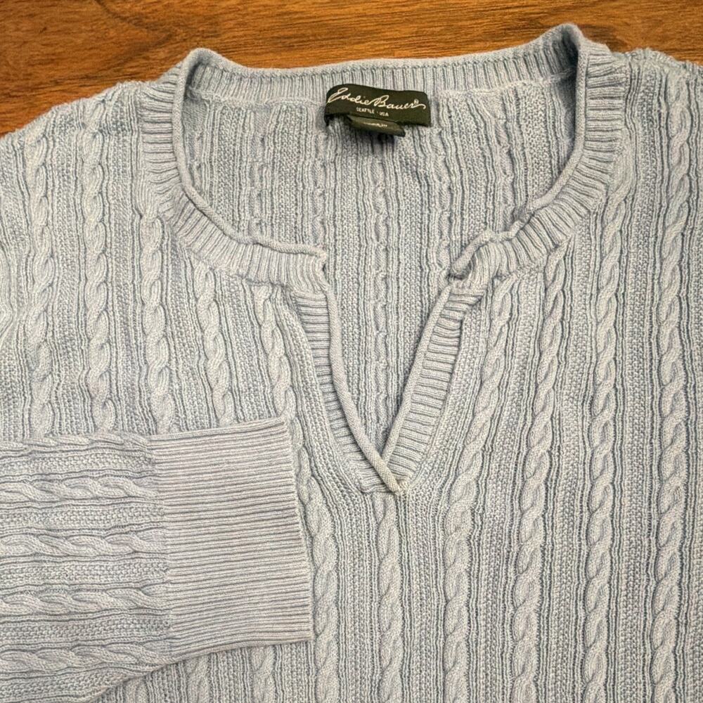 VTG Eddie Bauer Cable Knit Women XL Blue Roll Neck Collar 3/4Sleeve Preppy